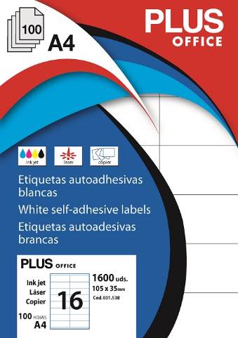 Foto de Etiquetas Autoadhesivas Formato Din A4 105,0 x 35,0mm. Plus Office Caja de 100 hojas (001538)