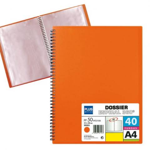 Foto de Carpeta de Fundas, Formato Din A4 con 40 Hojas, Polipropileno de 90 micras, Espiral Naranja (180623)