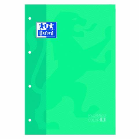 Foto de Recambio de papel DIN A4 de 90 gramos. De 4 Anillas. 80 hojas. Rayado Cuadro 5x5. Ribete Verde Medio. Oxford. (121185)