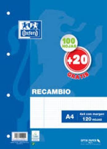 Foto de Recambio de papel DIN A4 de 90 gramos. De 4 Anillas. 100 hojas. Rayado Cuadro 4x4. Oxford. 100+20 (123379)