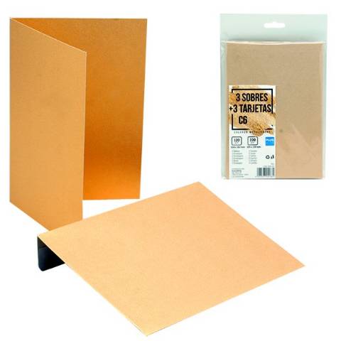 Foto de 3 Sobres + 3 Tarjetas 11 x16 cm Metalizado Oro (003125)