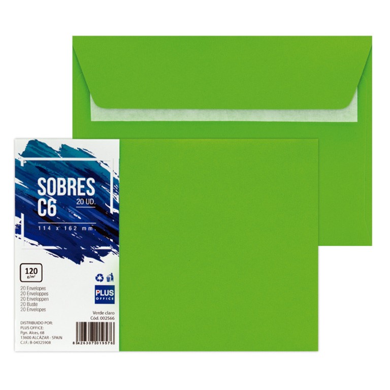 Pte/20 SOBRES PLUS 114x162 C6 VERDE CLA.